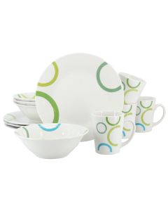 Gibson Home Green Loops 12 Piece Round Fine Ceramic Dinnerware Set in White